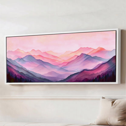 a large, framed painting of a mountainous landscape with a pink and purple color scheme.