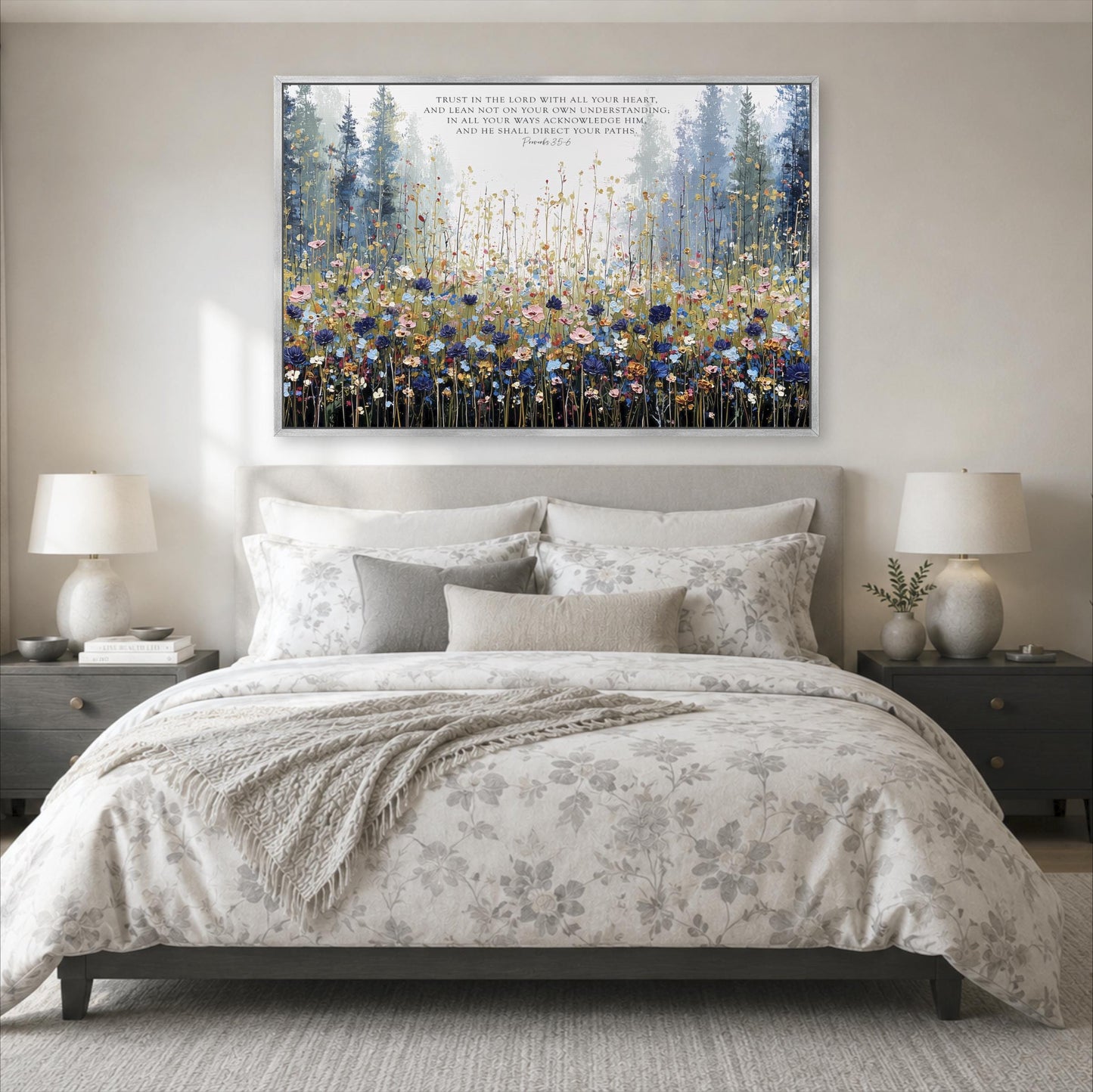 a large, ornate, and colorful floral painting hanging above a bed with white bedding and pillows.