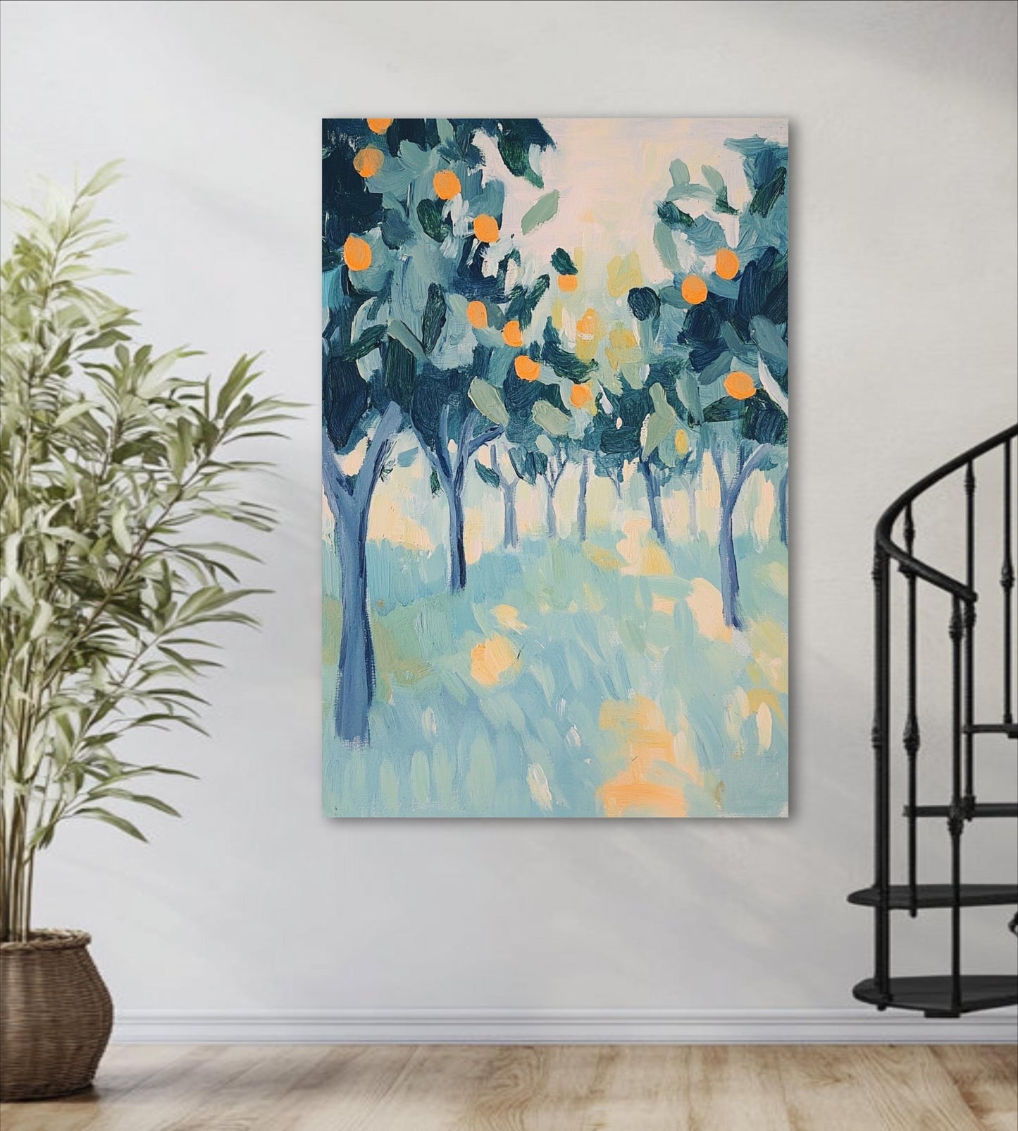 a large painting of a tree-filled landscape with vibrant colors, hanging on a wall next to a black metal spiral staircase.