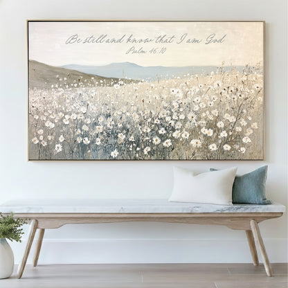 a large painting of a field of flowers hanging on a wall above a wooden bench.