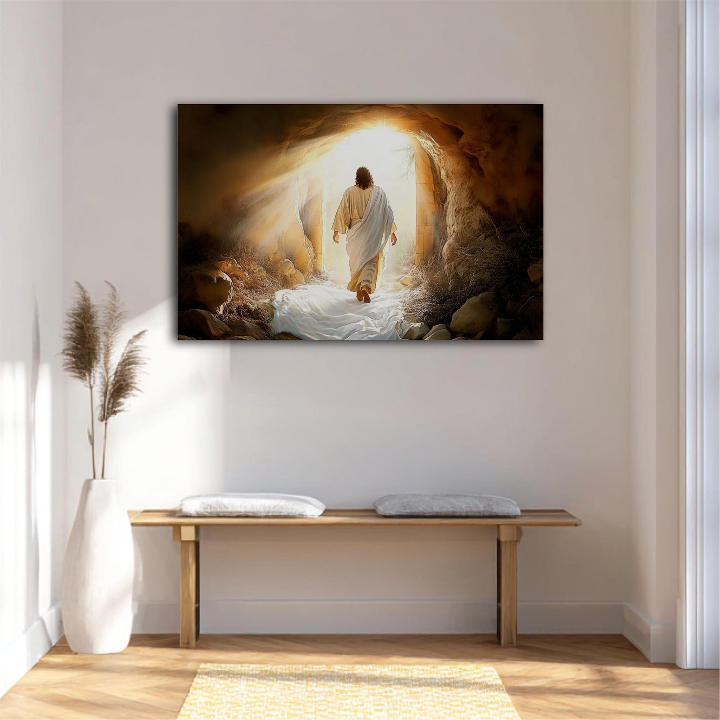a person walking through a cave with a bright light at the end, creating a sense of mystery and wonder.