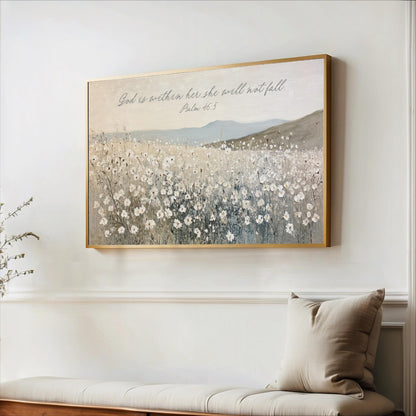 a large framed painting of a field of flowers hanging on a wall.