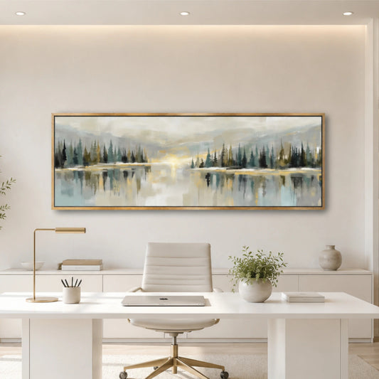 Abstract Lake Sunset Landscape Wall Art, Moss Sage Green Gold Wide Forest Canvas Print, Modern Nature Artwork, Horizontal Neutral Decor