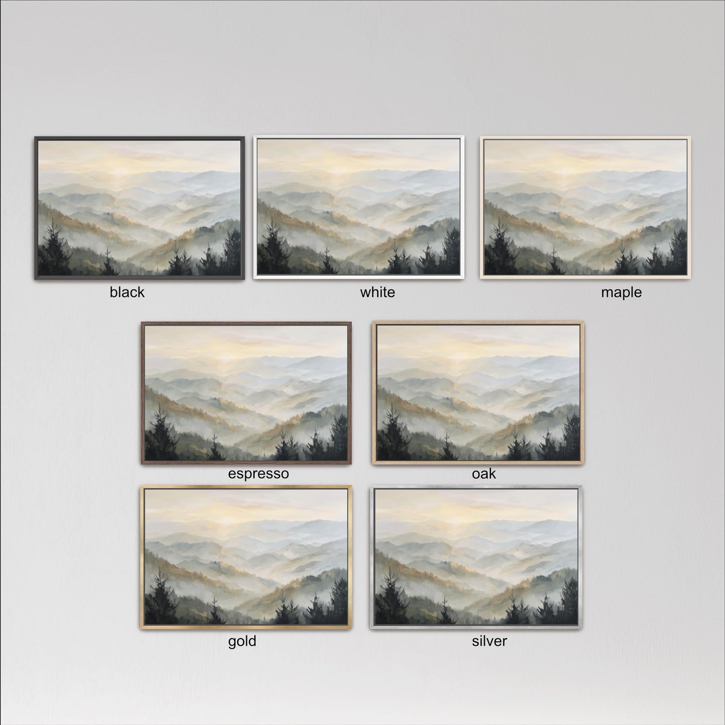 six framed landscape paintings depicting mountains and forests, each with a different color and frame style.