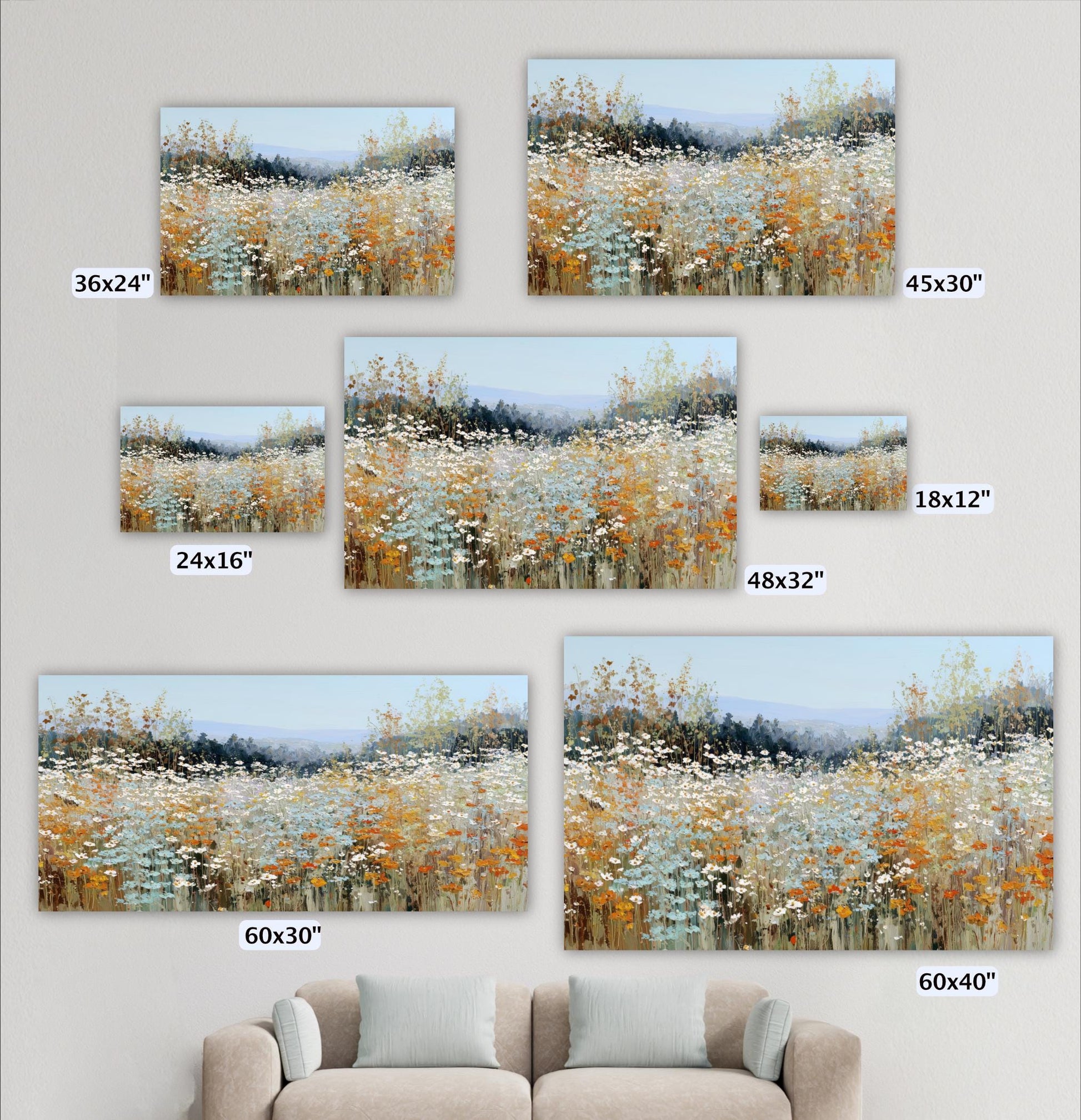 a collection of six landscape paintings, each depicting a field of flowers. The paintings vary in size, ranging from 36x24" to 48x32". The paintings are arranged on a wall, with a couch in the foreground.