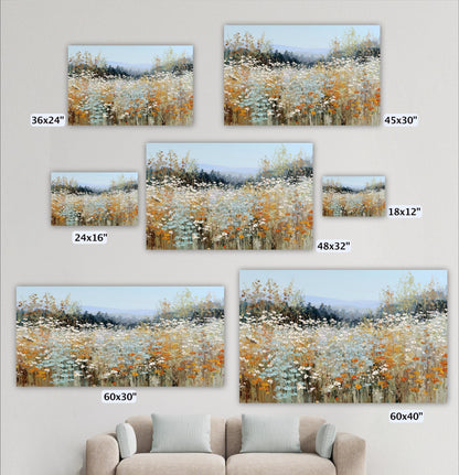 a collection of six landscape paintings, each depicting a field of flowers. The paintings vary in size, ranging from 36x24" to 48x32". The paintings are arranged on a wall, with a couch in the foreground.