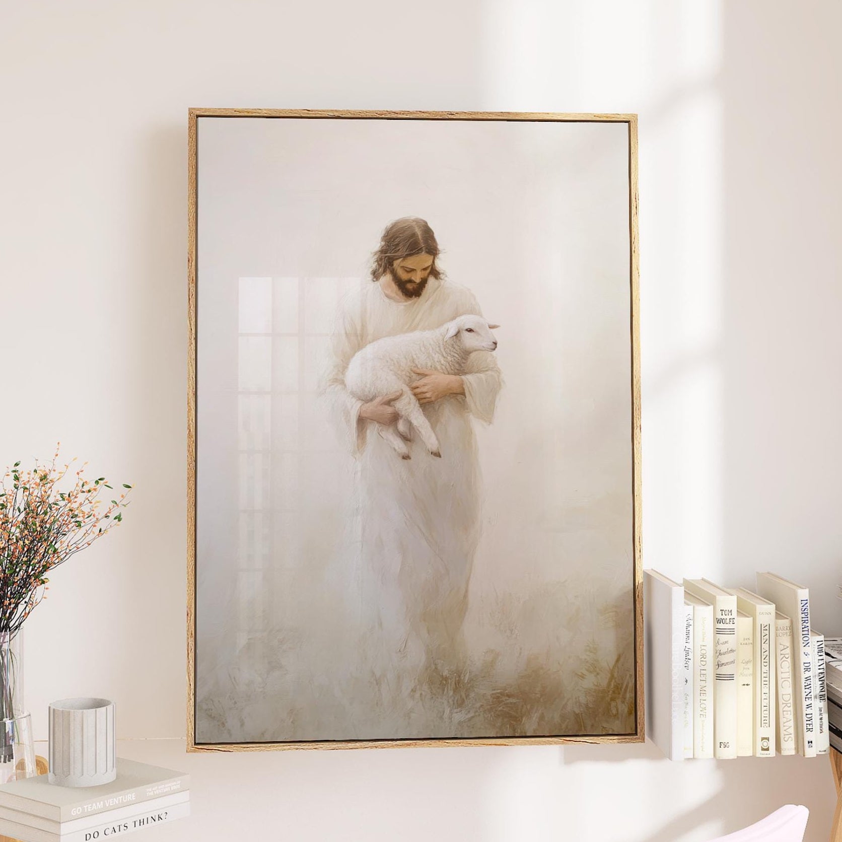 Jesus and the Lost Sheep, lamb minimalist painting, large framed canvas art print