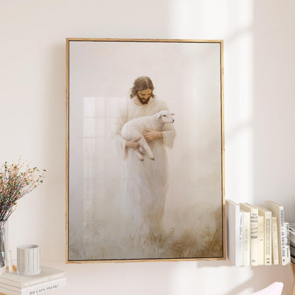 Jesus and the Lost Sheep, lamb minimalist painting, large framed canvas art print
