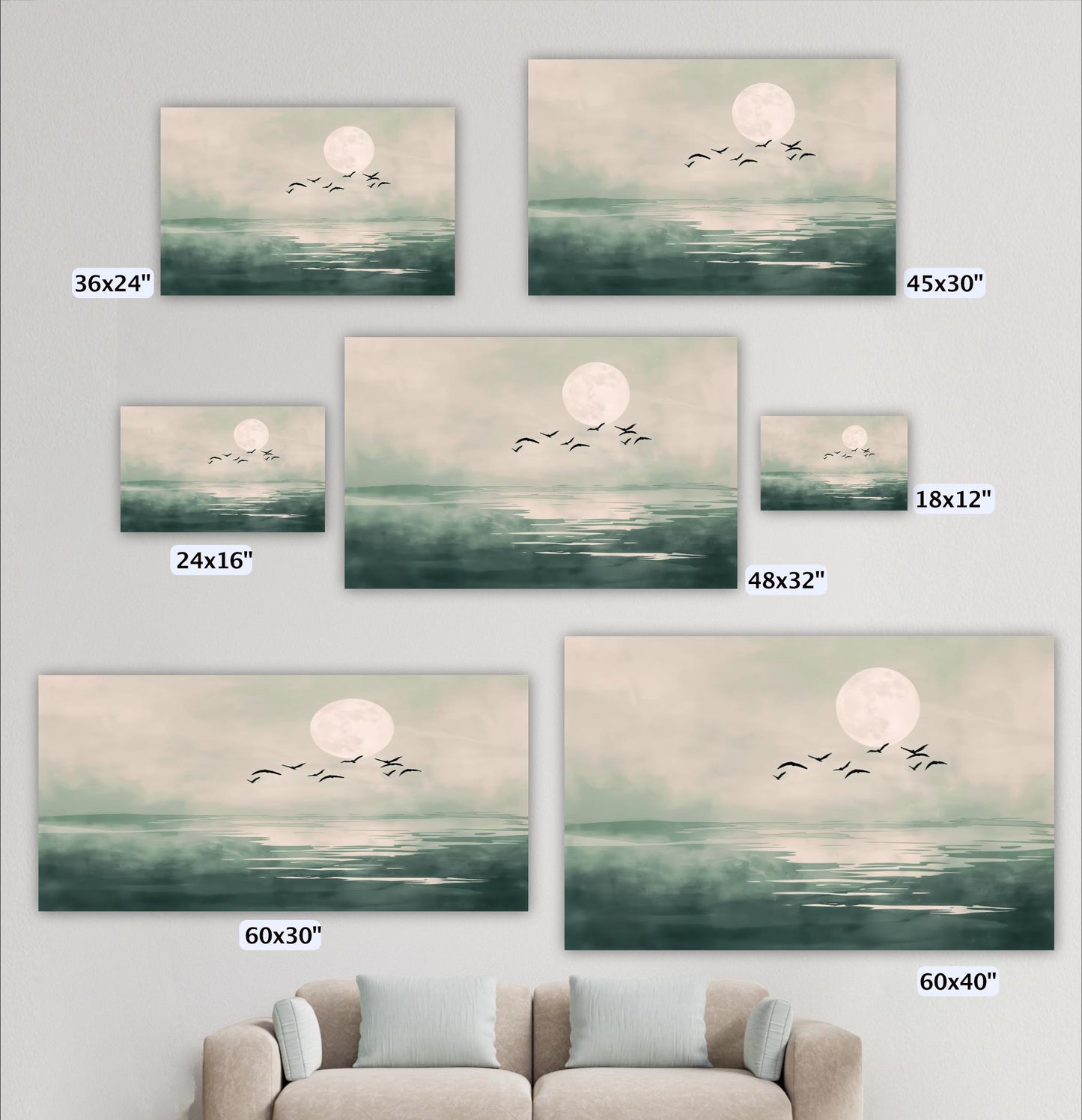 a collection of seven landscape paintings or seascapes, each depicting a different scene with a full moon and birds flying over the water. The paintings vary in size, ranging from 36x24 inches to 48x32 inches. The largest painting is 60x30 inches, while the smallest is 60x40 inches. The paintings are arranged on a wall, with a couch or sofa in the foreground.
