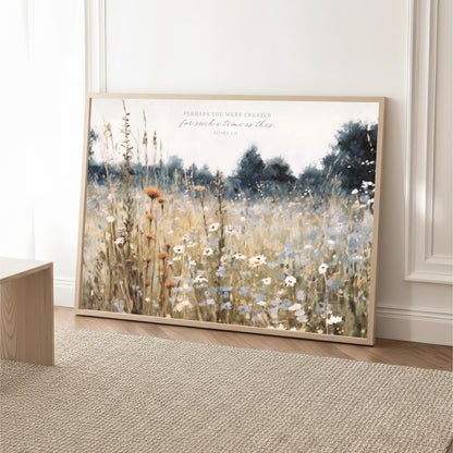 The image is a framed painting depicting a field of wildflowers, with a text overlay that reads "PERSE YOU WERE CREATED FOR EACH TIME AS THIS".