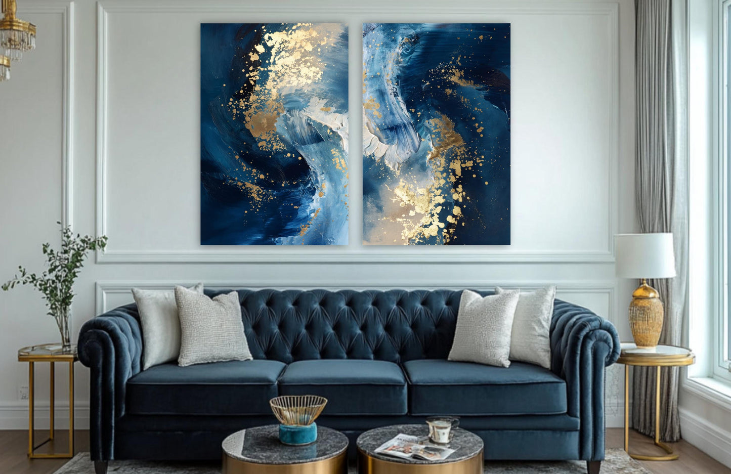 a luxurious living room with a blue velvet sofa, two round coffee tables, and a large abstract painting on the wall above the sofa.