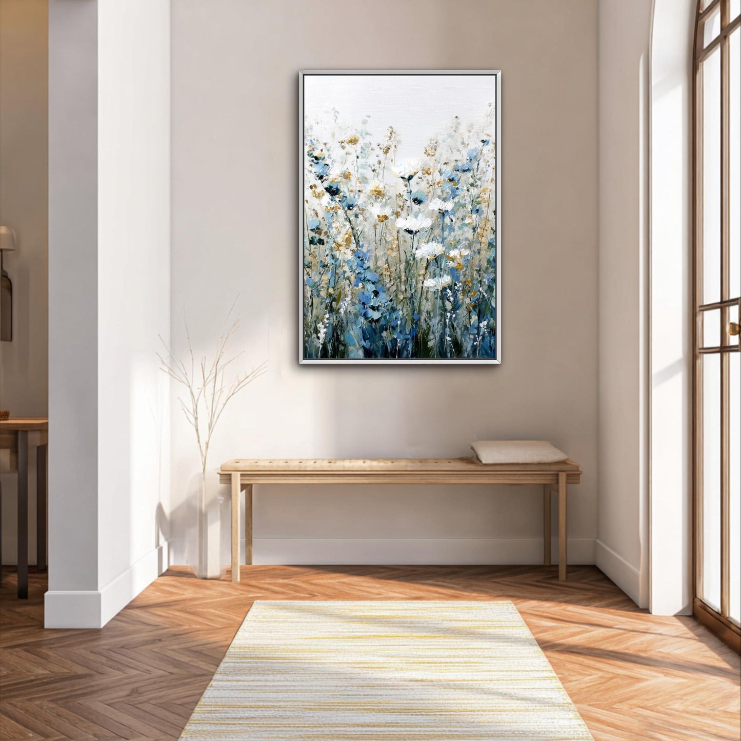 a large painting of flowers hanging on a wall in a room with a wooden bench and a rug on the floor.