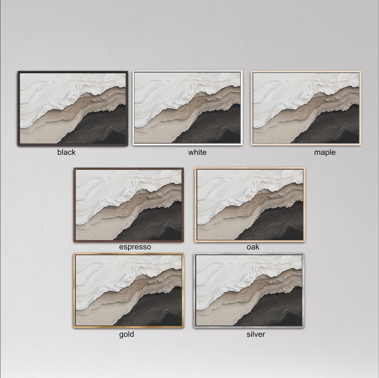 six different framed artworks, each with a unique color scheme and style, arranged in a grid. The artworks are labeled with the color names black, white, maple, espresso, oak, and gold.