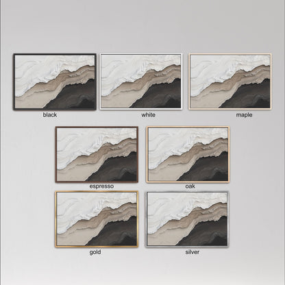 six different framed artworks, each with a unique color scheme and style, arranged in a grid. The artworks are labeled with the color names black, white, maple, espresso, oak, and gold.