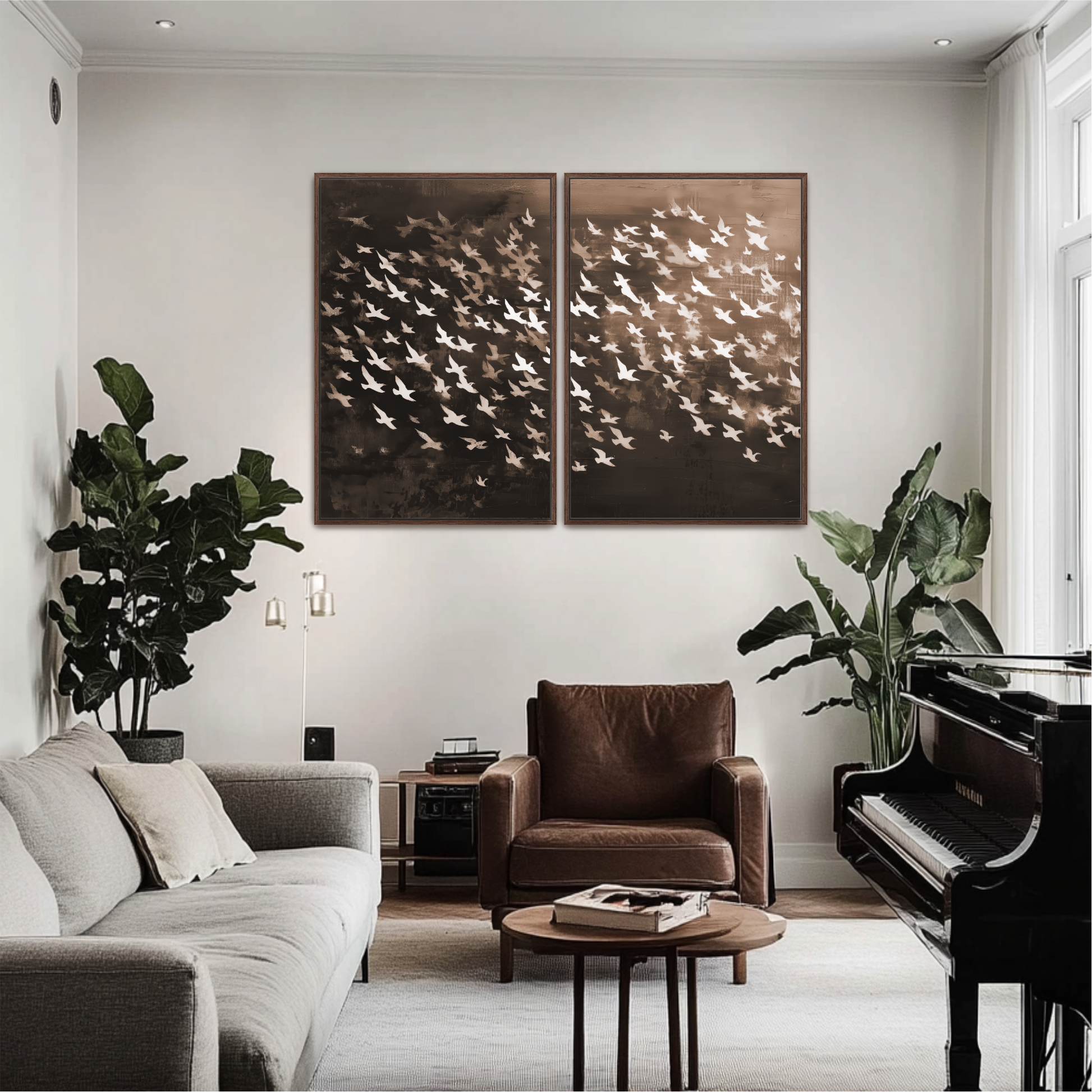 a modern living room with a gray sofa, a brown leather armchair, a black piano, and a wooden coffee table. The room is decorated with two large framed prints of birds in flight on the wall, and there are several potted plants and a large window providing natural light.