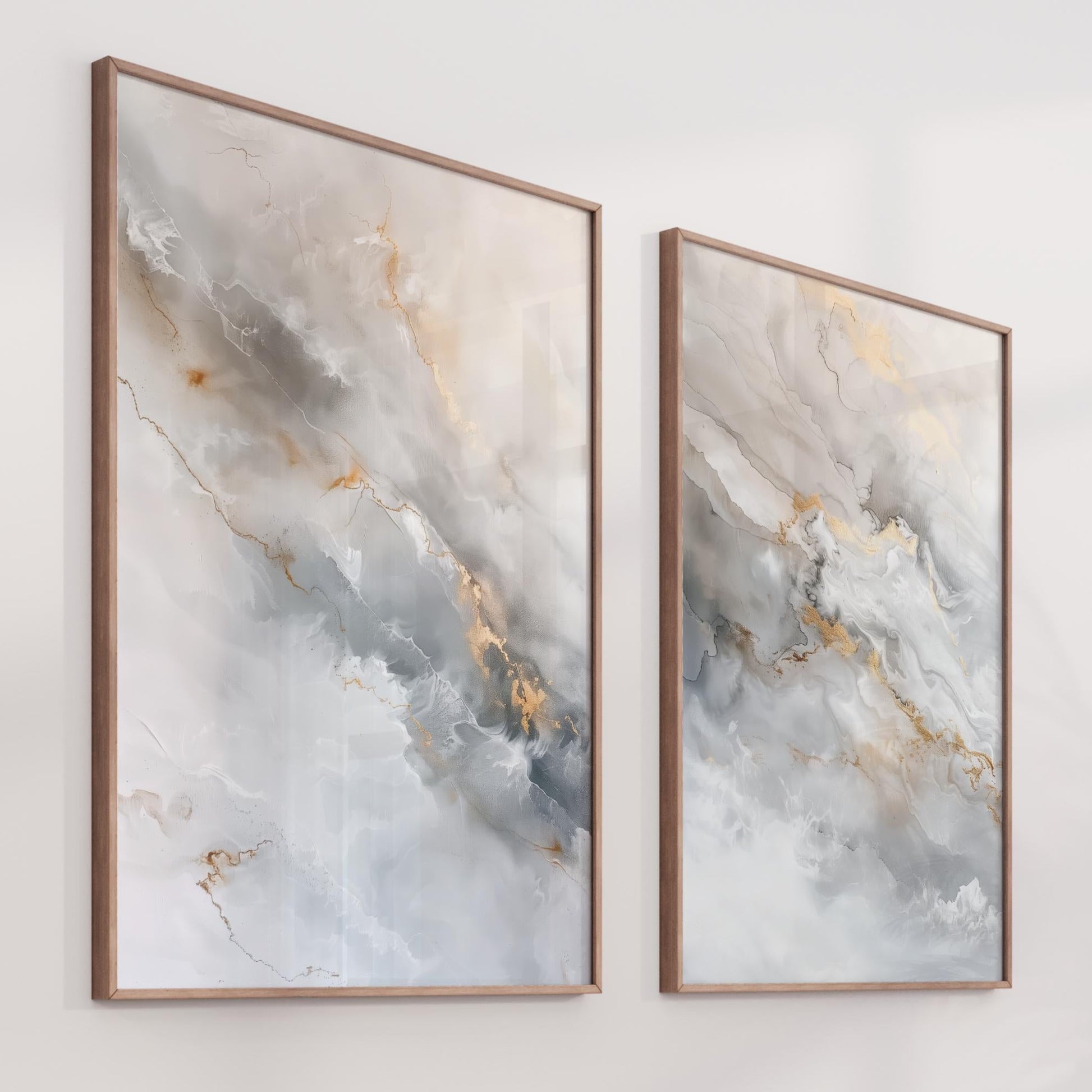 Cohesive Design: A true diptych—two pieces designed to flow perfectly into one another. Neutral Palette: The soft whites and grays are grounded by elegant gold accents, making it easy to pair with your existing furniture. Sophisticated Framing: Shown in a thin gold frame to enhance the warmth of the art and add a touch of modern polish. High-End Quality: Crisp, high-definition details that capture every wisp of the marble texture.