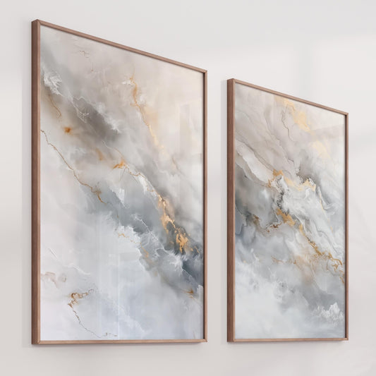 Cohesive Design: A true diptych—two pieces designed to flow perfectly into one another. Neutral Palette: The soft whites and grays are grounded by elegant gold accents, making it easy to pair with your existing furniture. Sophisticated Framing: Shown in a thin gold frame to enhance the warmth of the art and add a touch of modern polish. High-End Quality: Crisp, high-definition details that capture every wisp of the marble texture.