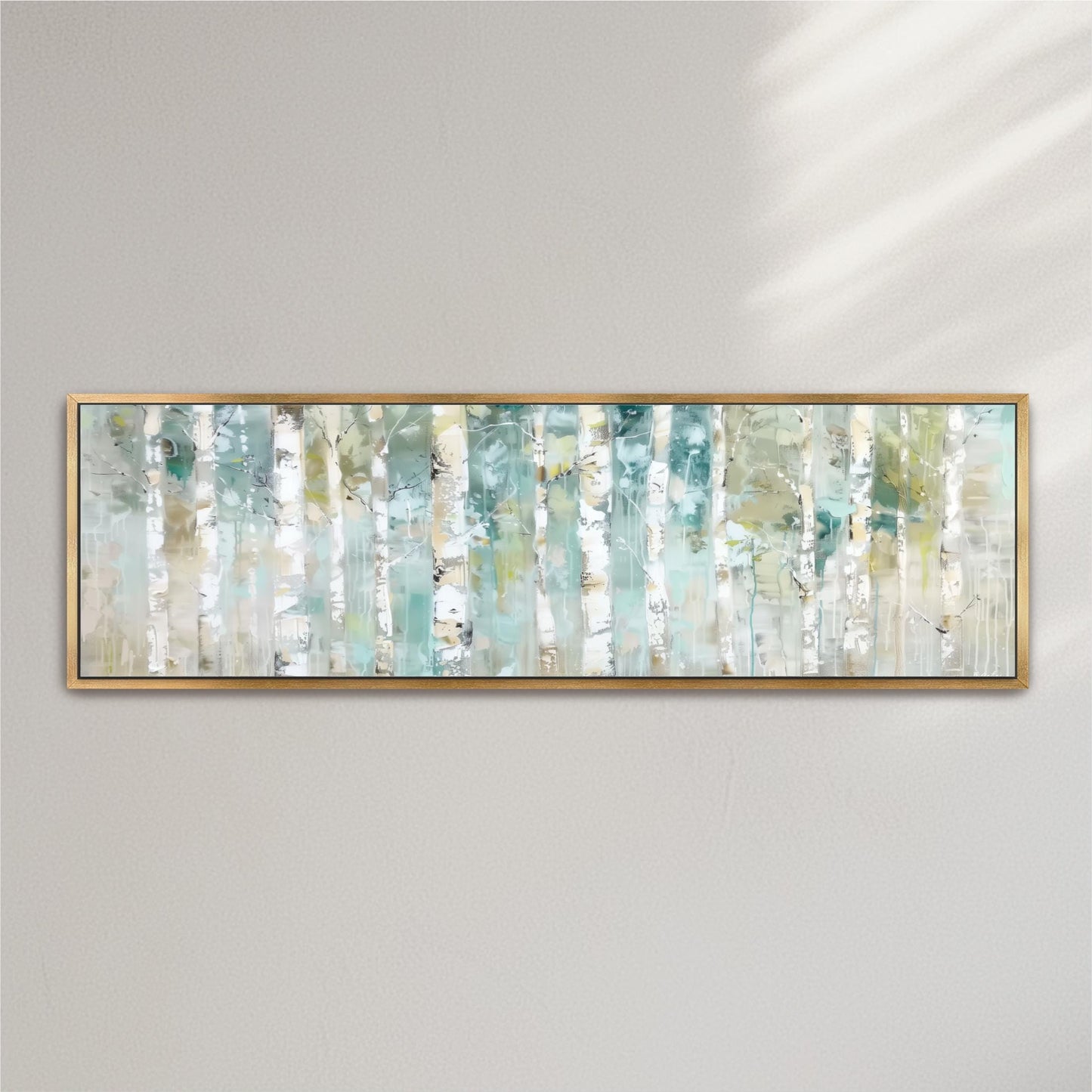 The image is a framed painting of a forest scene with birch trees, displayed on a wall.