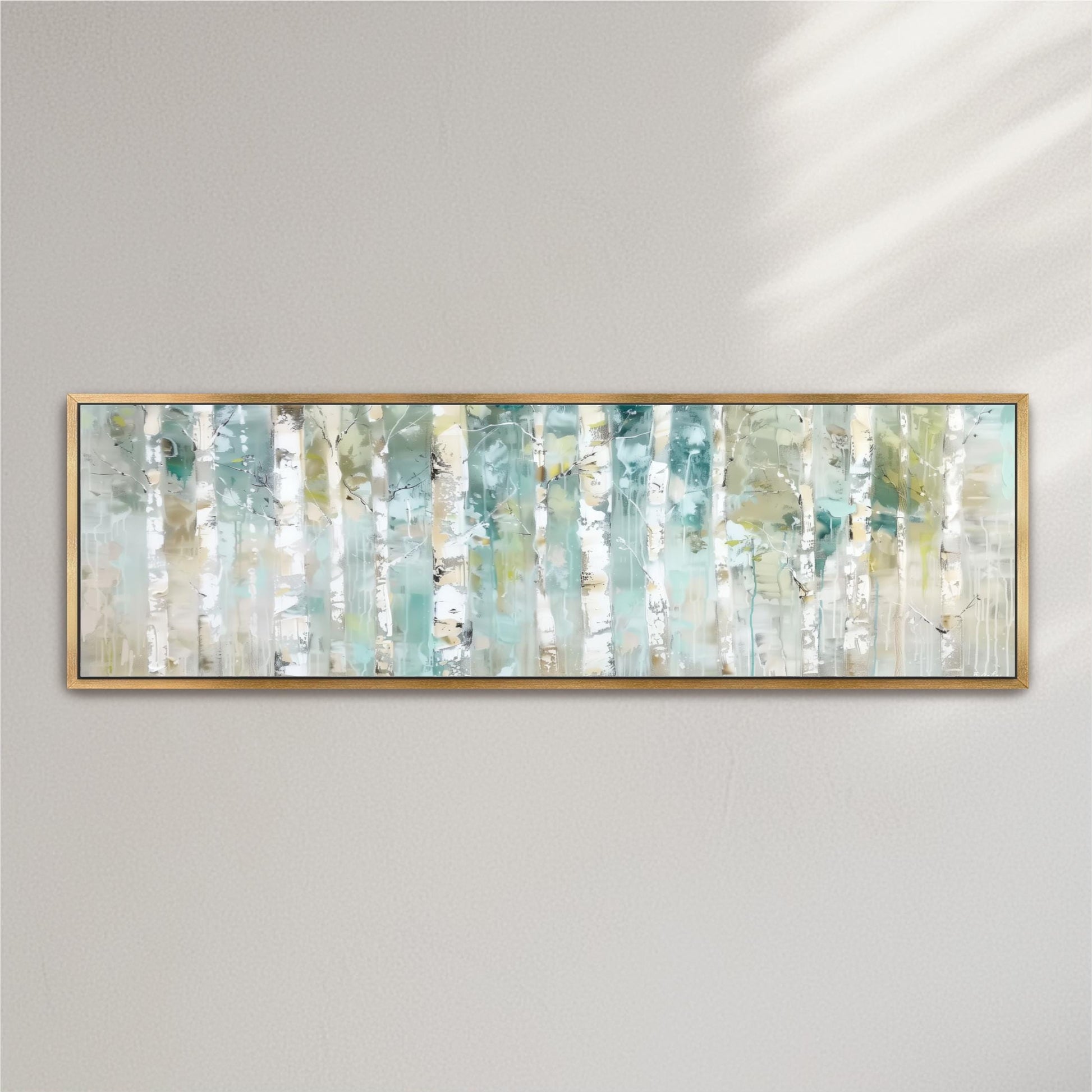 The image is a framed painting of a forest scene with birch trees, displayed on a wall.