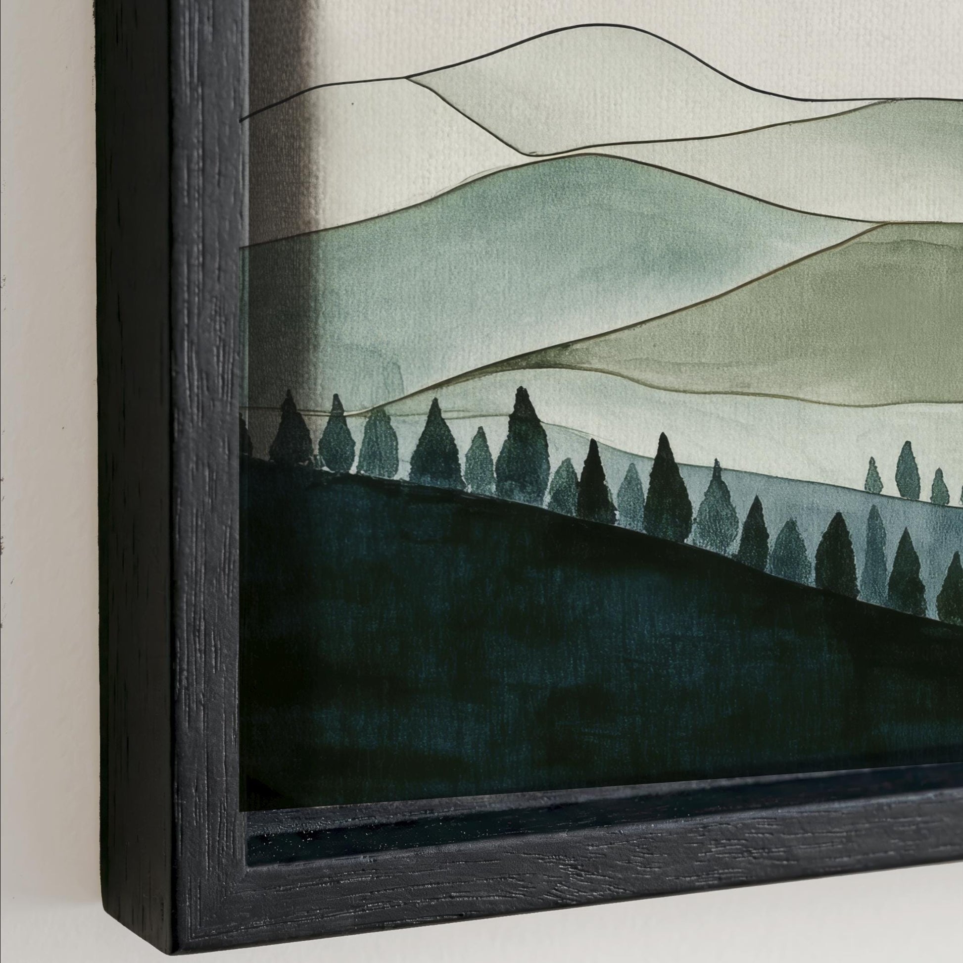 The image is a framed painting depicting a serene landscape with rolling hills, trees, and a cloudy sky.