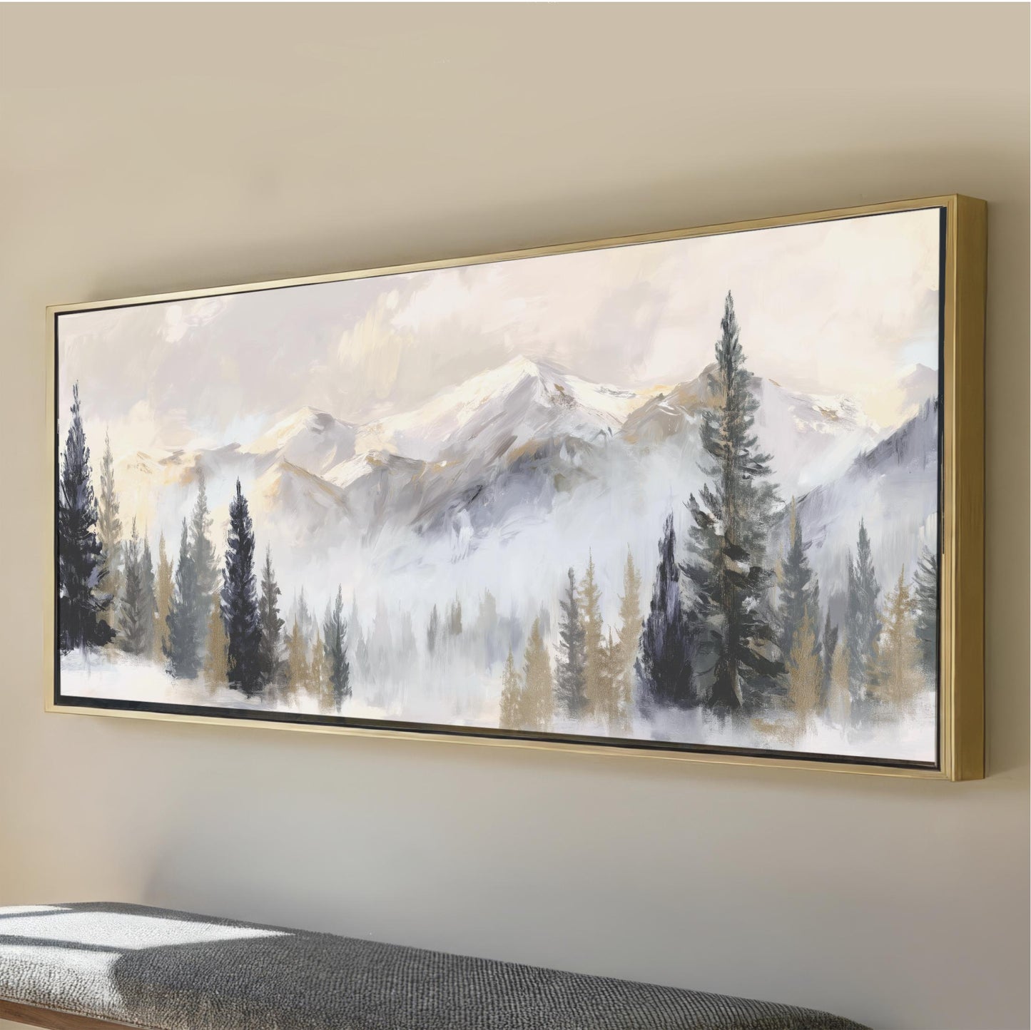 a large landscape painting depicting a snowy mountain scene with pine trees and a cloudy sky.