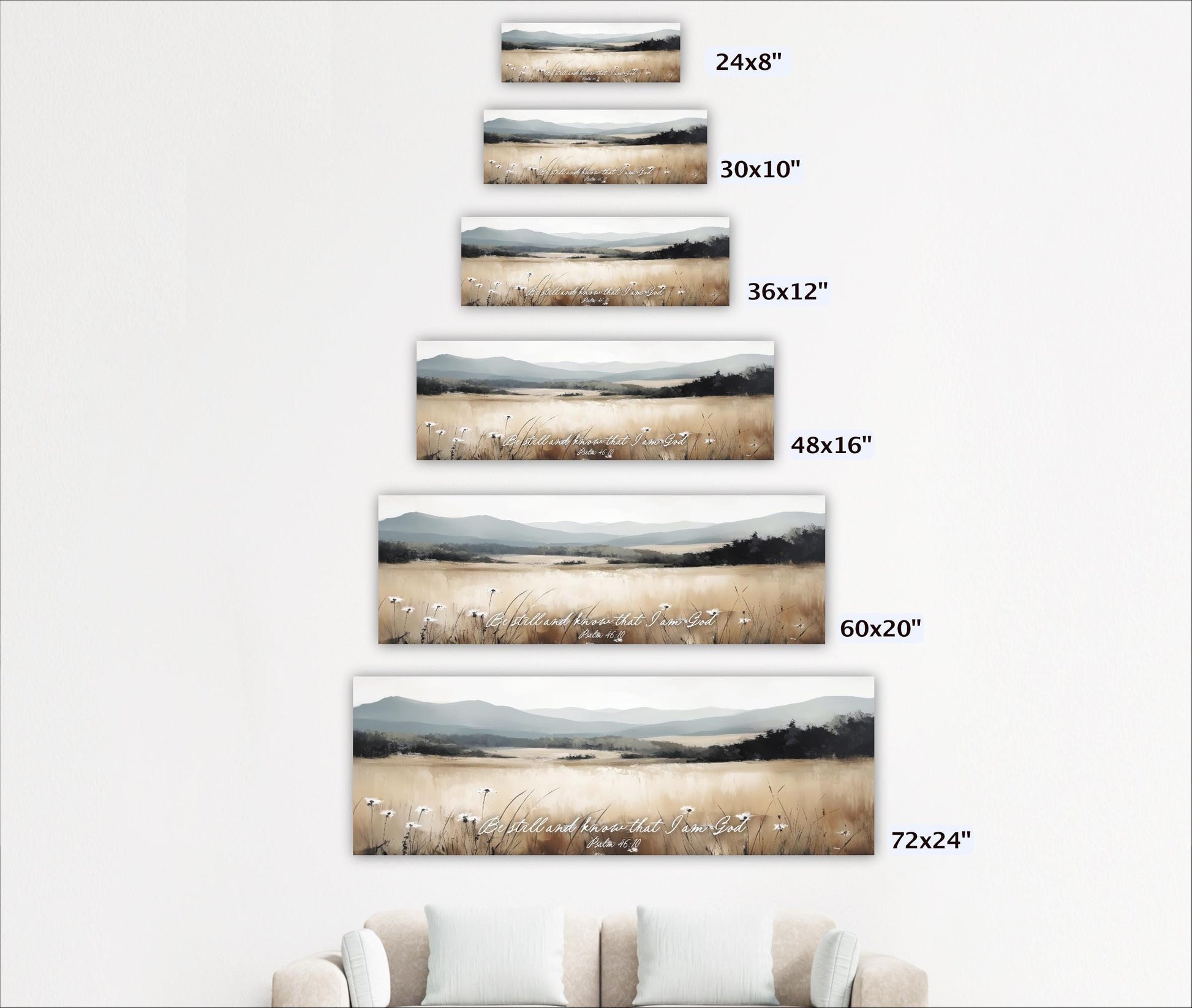 A series of landscape paintings depicting various sizes of the same scene, with the largest painting being 60x20 inches and the smallest being 24x8 inches.