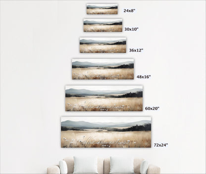 A series of landscape paintings depicting various sizes of the same scene, with the largest painting being 60x20 inches and the smallest being 24x8 inches.