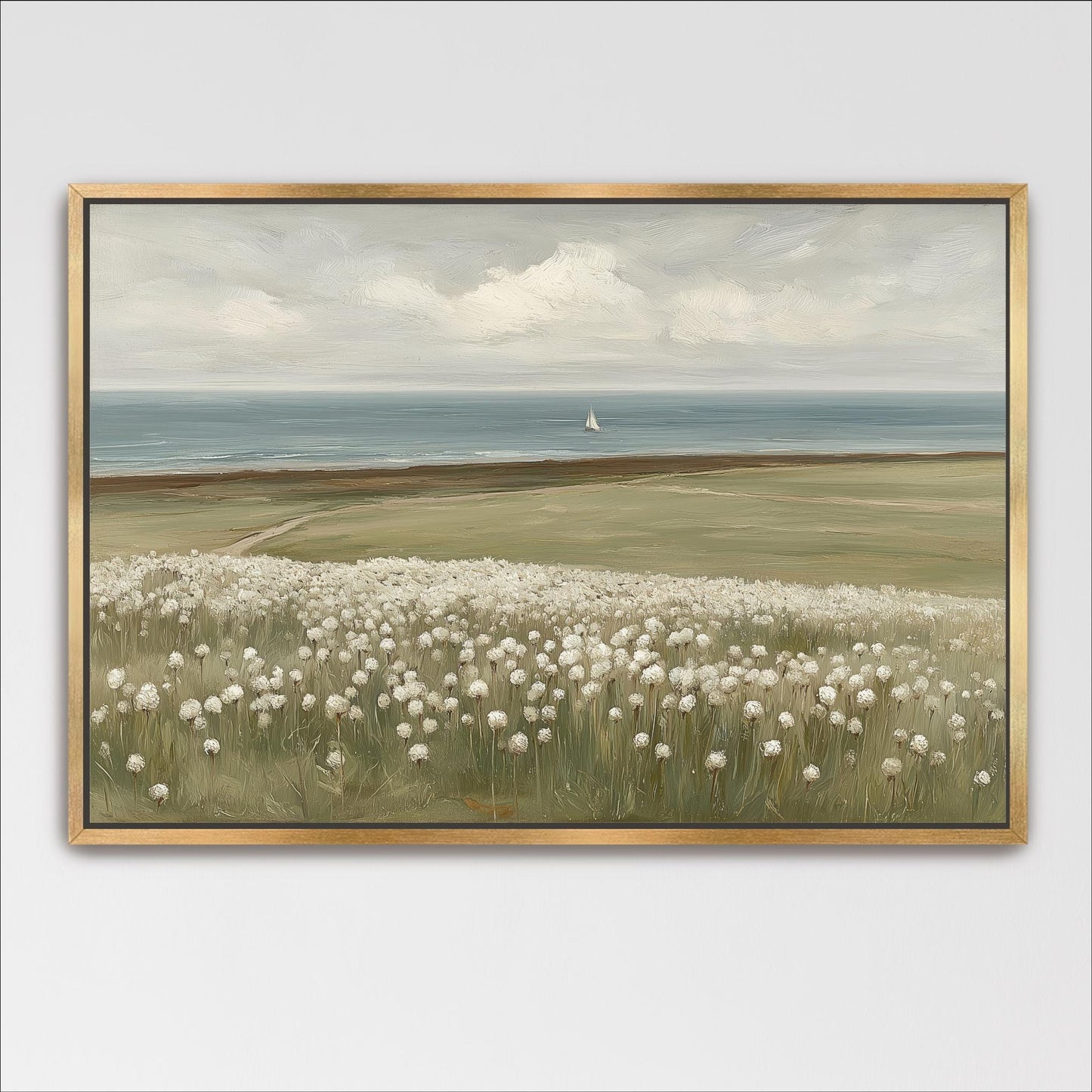 The image is a painting depicting a serene landscape with a field of white flowers in the foreground and a sailboat in the distance on the horizon.