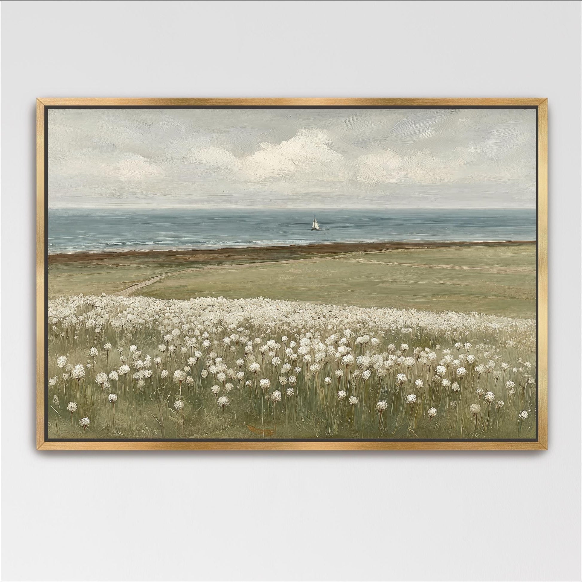 The image is a painting depicting a serene landscape with a field of white flowers in the foreground and a sailboat in the distance on the horizon.