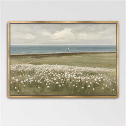 The image is a painting depicting a serene landscape with a field of white flowers in the foreground and a sailboat in the distance on the horizon.