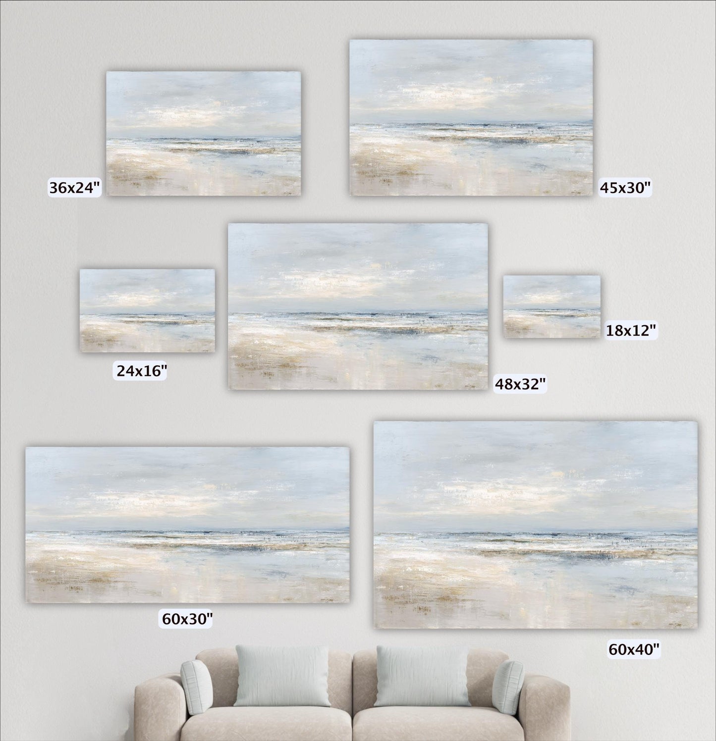a collection of seven landscape paintings, each with a different size, displayed on a wall. The paintings depict various scenes of a beach or ocean landscape, with varying sizes and dimensions. In the foreground, there is a couch or sofa, providing a seating area for viewers to appreciate the artwork.