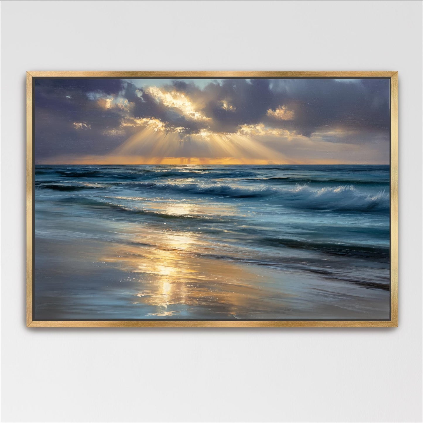 Ocean Sunset Framed Wall Art, Coastal Beach Painting Effect, Sun Rays Over Waves, Large Cloudy Seascape Artwork