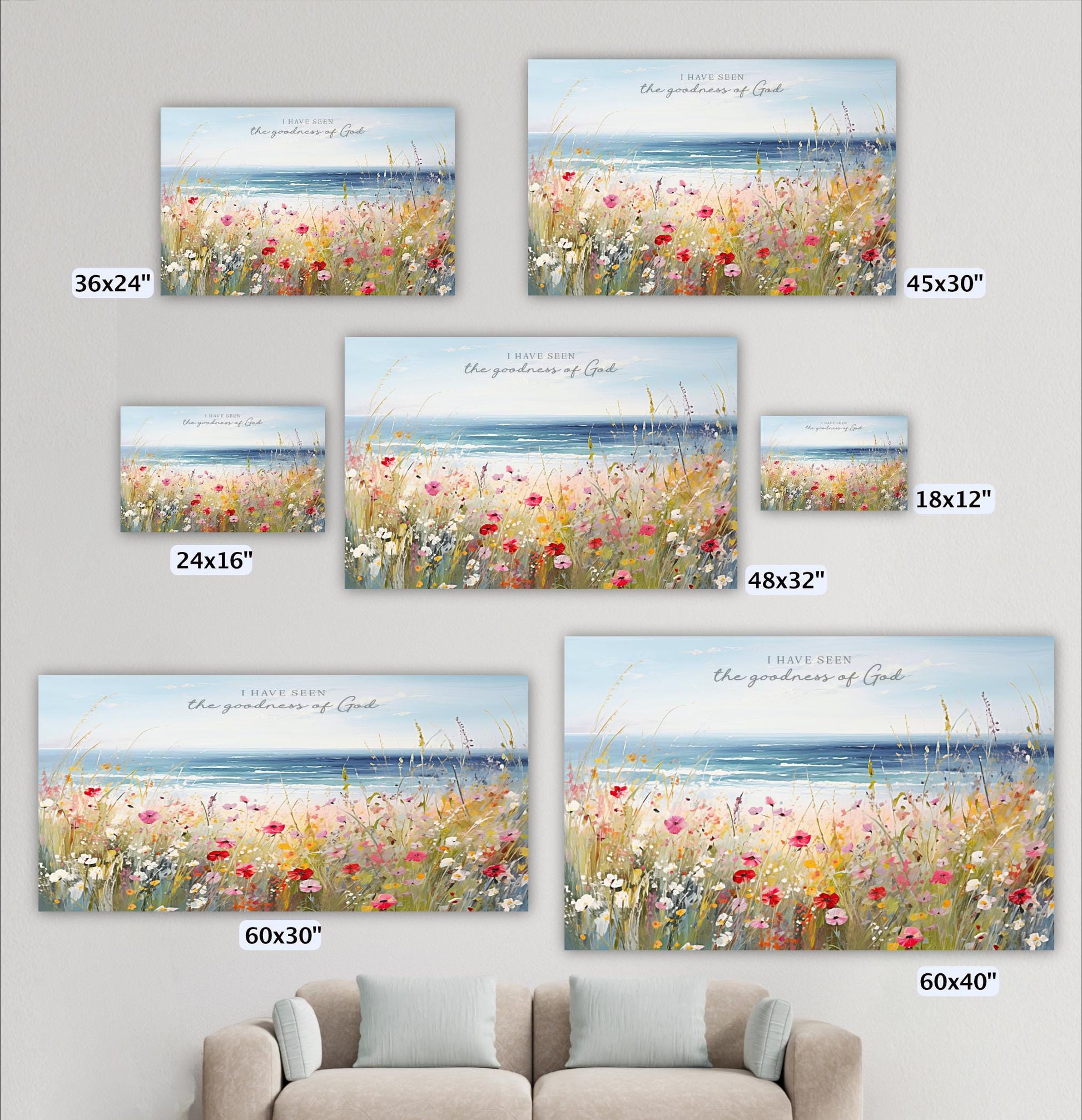 a collection of five framed landscape paintings depicting a serene beach scene with a field of flowers and the ocean in the background.