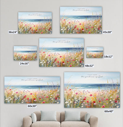 a collection of five framed landscape paintings depicting a serene beach scene with a field of flowers and the ocean in the background.