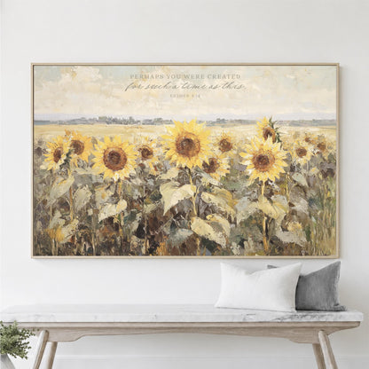 Sunflower Field Neutral Framed Art, Perhaps You Were Created For Such a Time As This, Wildflowers Christian Scripture, Womens Wall Art Bible