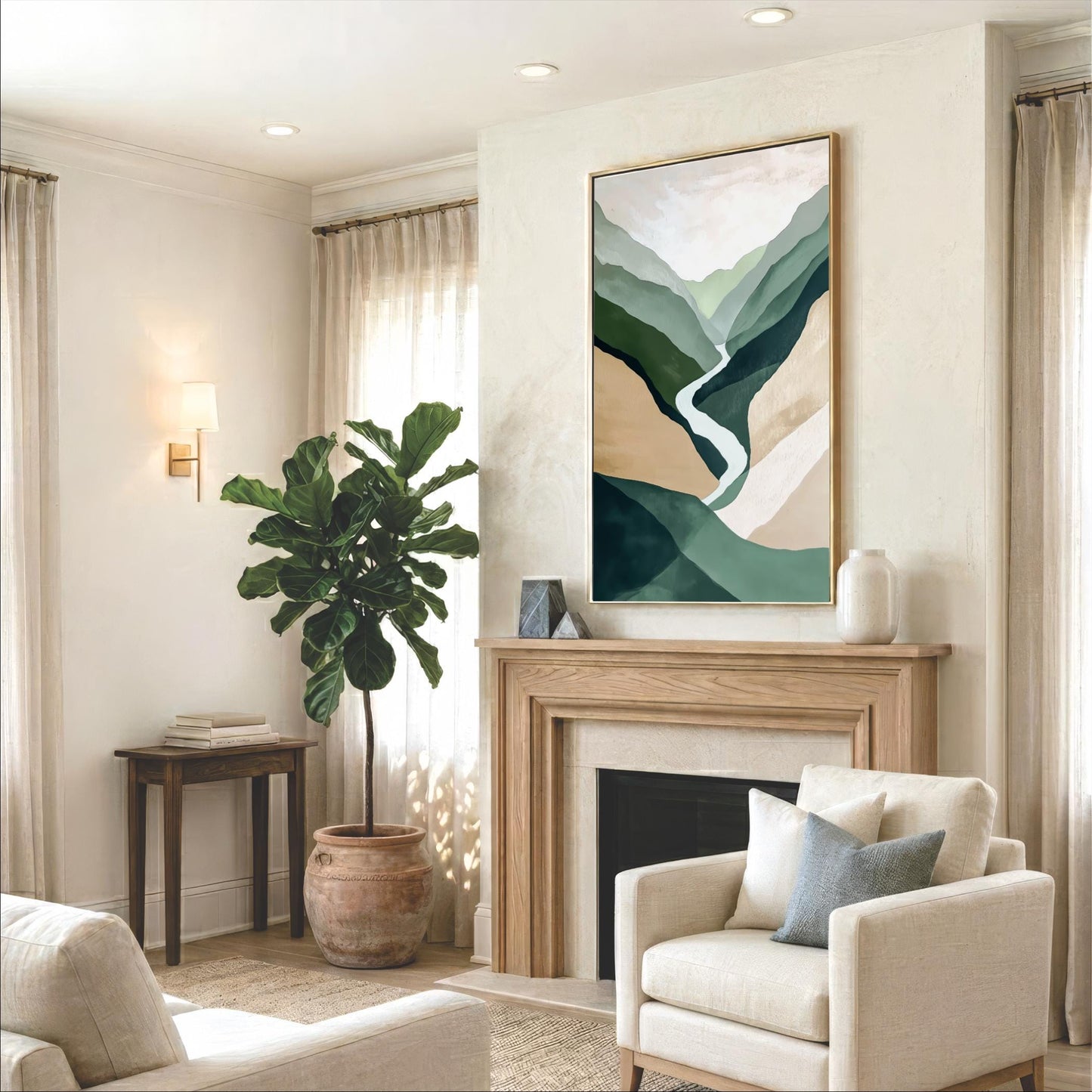 a cozy living room with a fireplace, a large potted plant, and a framed abstract landscape painting on the wall.