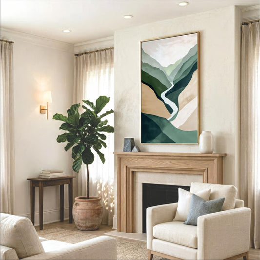 a cozy living room with a fireplace, a large potted plant, and a framed abstract landscape painting on the wall.
