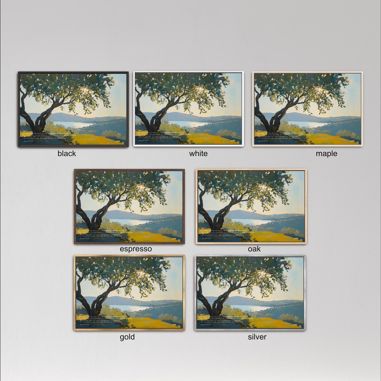 six different framed paintings of a tree, each with a different color and frame style. The paintings are arranged in a grid format, with three paintings in each row and two columns. The paintings are labeled with the color of the frame and the type of the painting, such as black, white, maple, espresso, oak, gold, and silver.