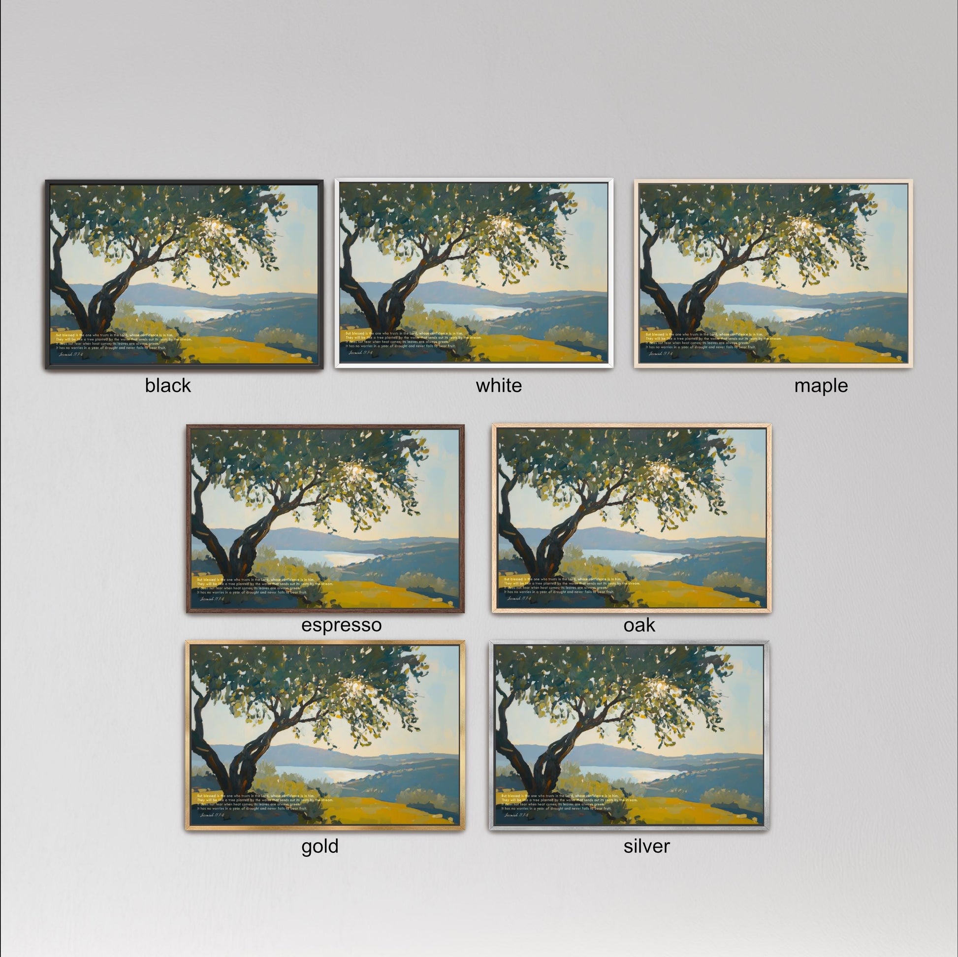 six different framed paintings of a tree, each with a different color and frame style. The paintings are arranged in a grid format, with three paintings in each row and two columns. The paintings are labeled with the color of the frame and the type of the painting, such as black, white, maple, espresso, oak, gold, and silver.