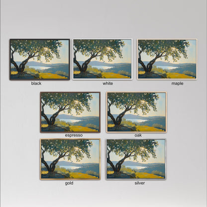 six different framed paintings of a tree, each with a different color and frame style. The paintings are arranged in a grid format, with three paintings in each row and two columns. The paintings are labeled with the color of the frame and the type of the painting, such as black, white, maple, espresso, oak, gold, and silver.