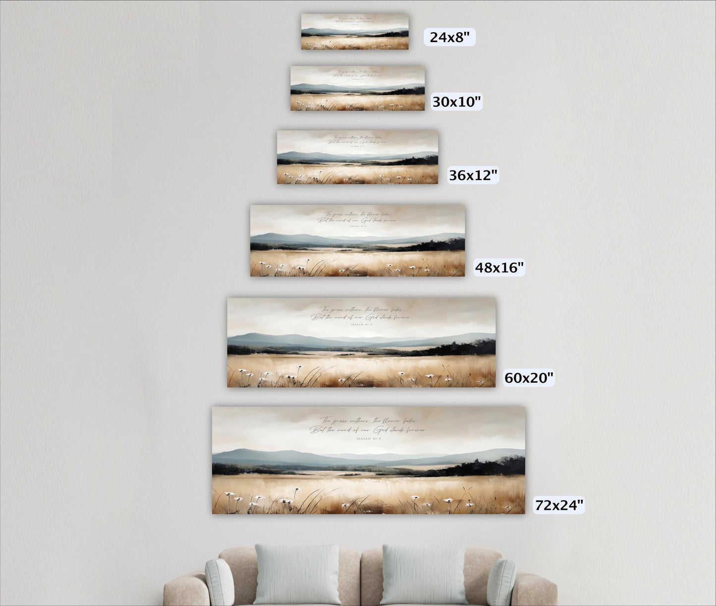 A series of landscape paintings in various sizes, ranging from 24" to 72" wide, displayed on a wall.