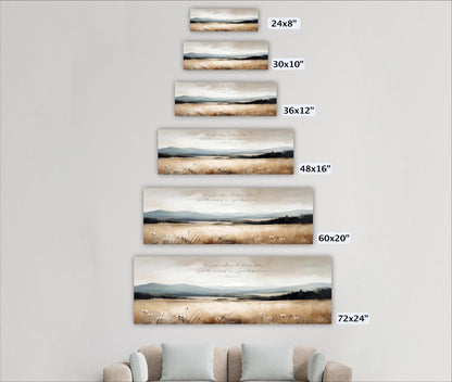 A series of landscape paintings in various sizes, ranging from 24" to 72" wide, displayed on a wall.