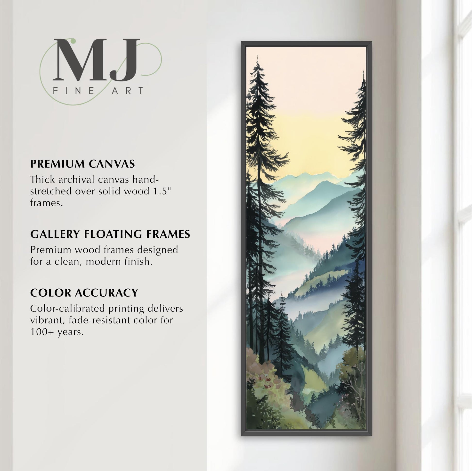 The image is a vertical advertisement for a painting of a forest scene, featuring a tall frame with a painting of a forest landscape.