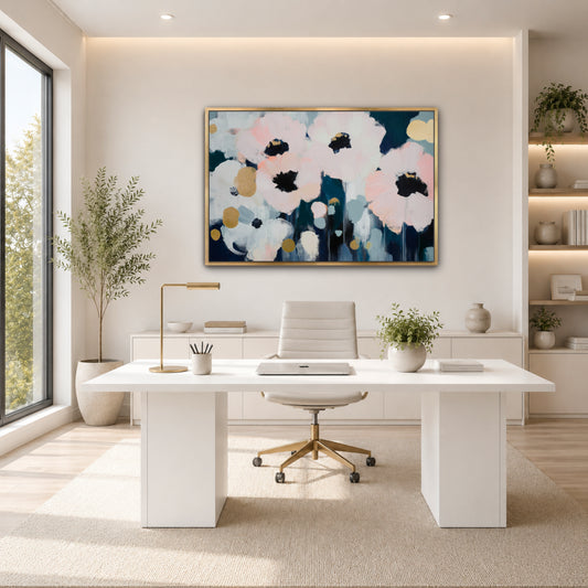 a modern and minimalist office space with a large white desk, a comfortable white chair, and a large abstract painting of flowers on the wall.