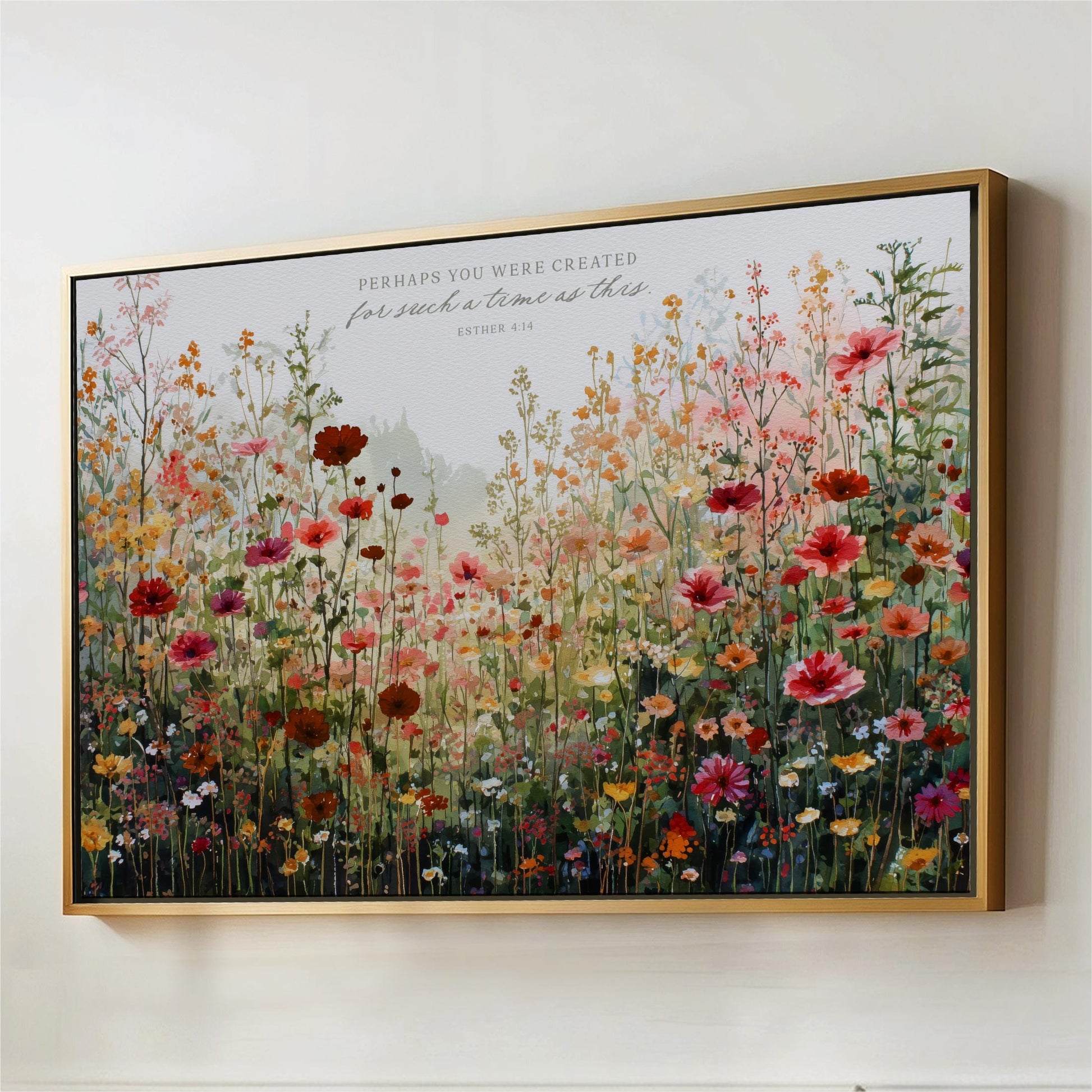 The image is a framed painting depicting a vibrant field of colorful flowers, with a text overlay that reads "PURCHAS YOU WERE CREATED for such a time as this" and "ESTH 4:14".