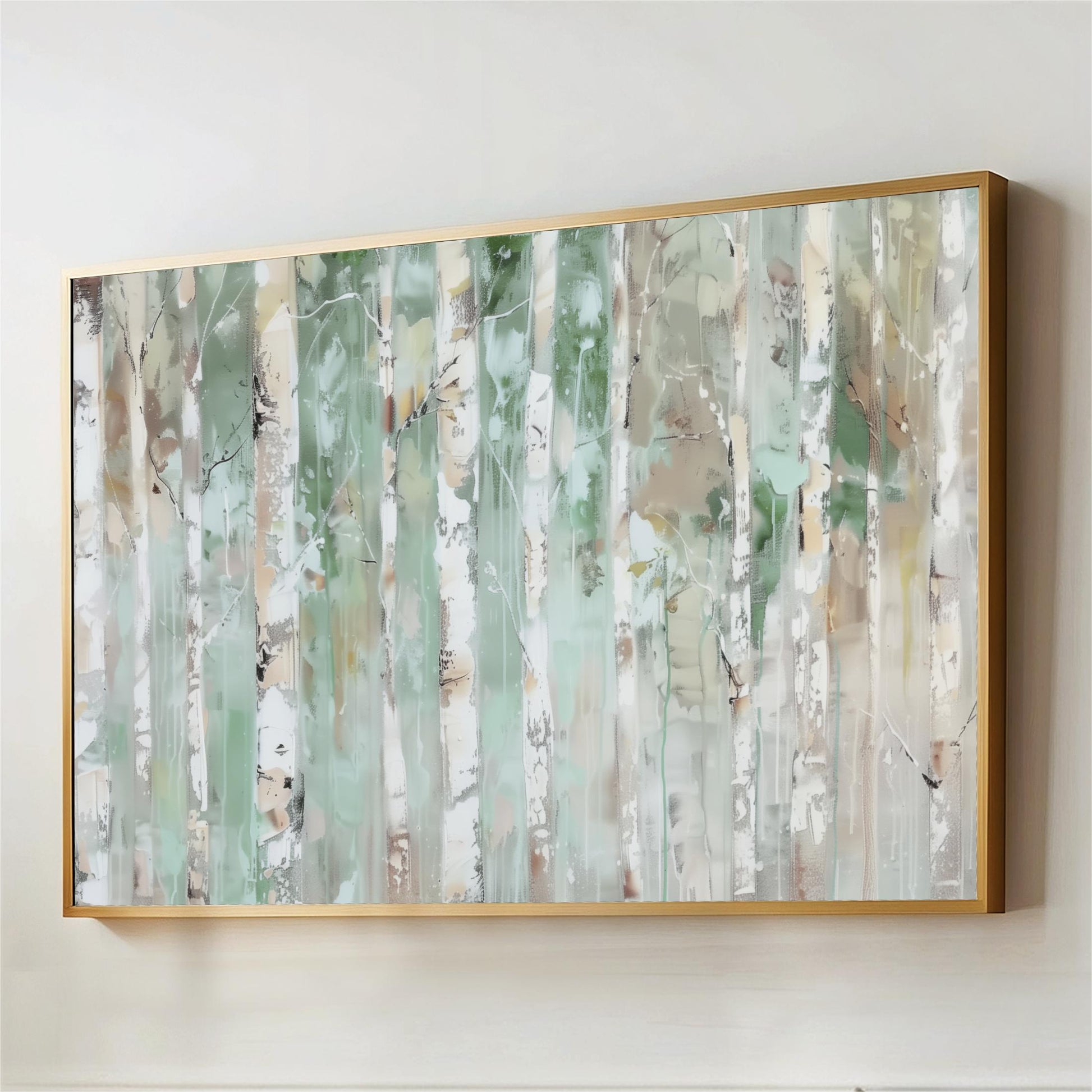 Birch Trees Abstract Landscape Framed Art, Sage Green Beige, Aspens Nature, Watercolor Canvas Print Wall Art