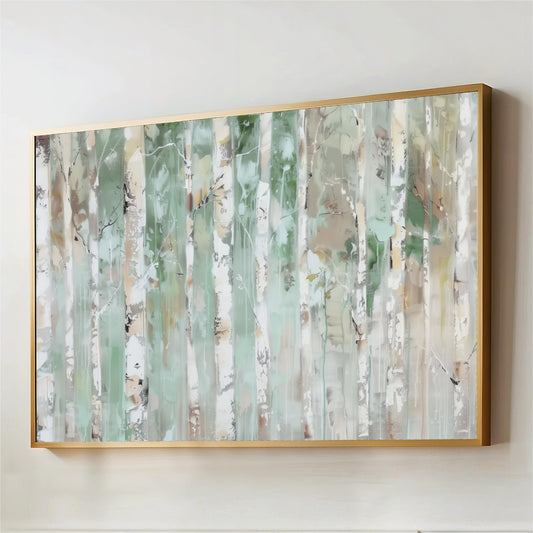 Birch Trees Abstract Landscape Framed Art, Sage Green Beige, Aspens Nature, Watercolor Canvas Print Wall Art