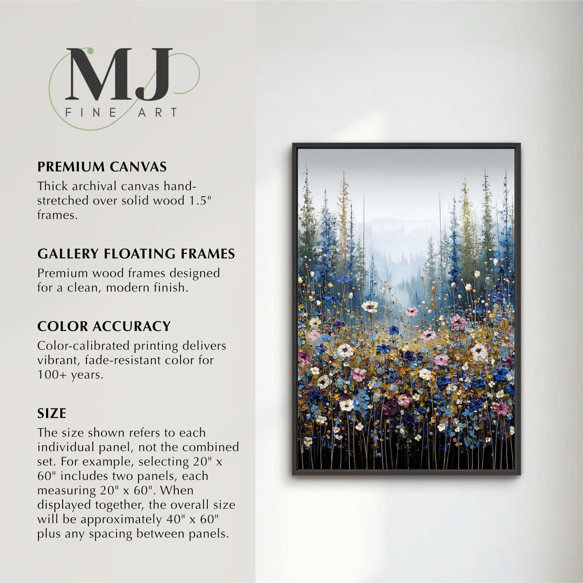 The image is a detailed description of a painting of a forest with flowers, including the size, color accuracy, and the type of canvas used.