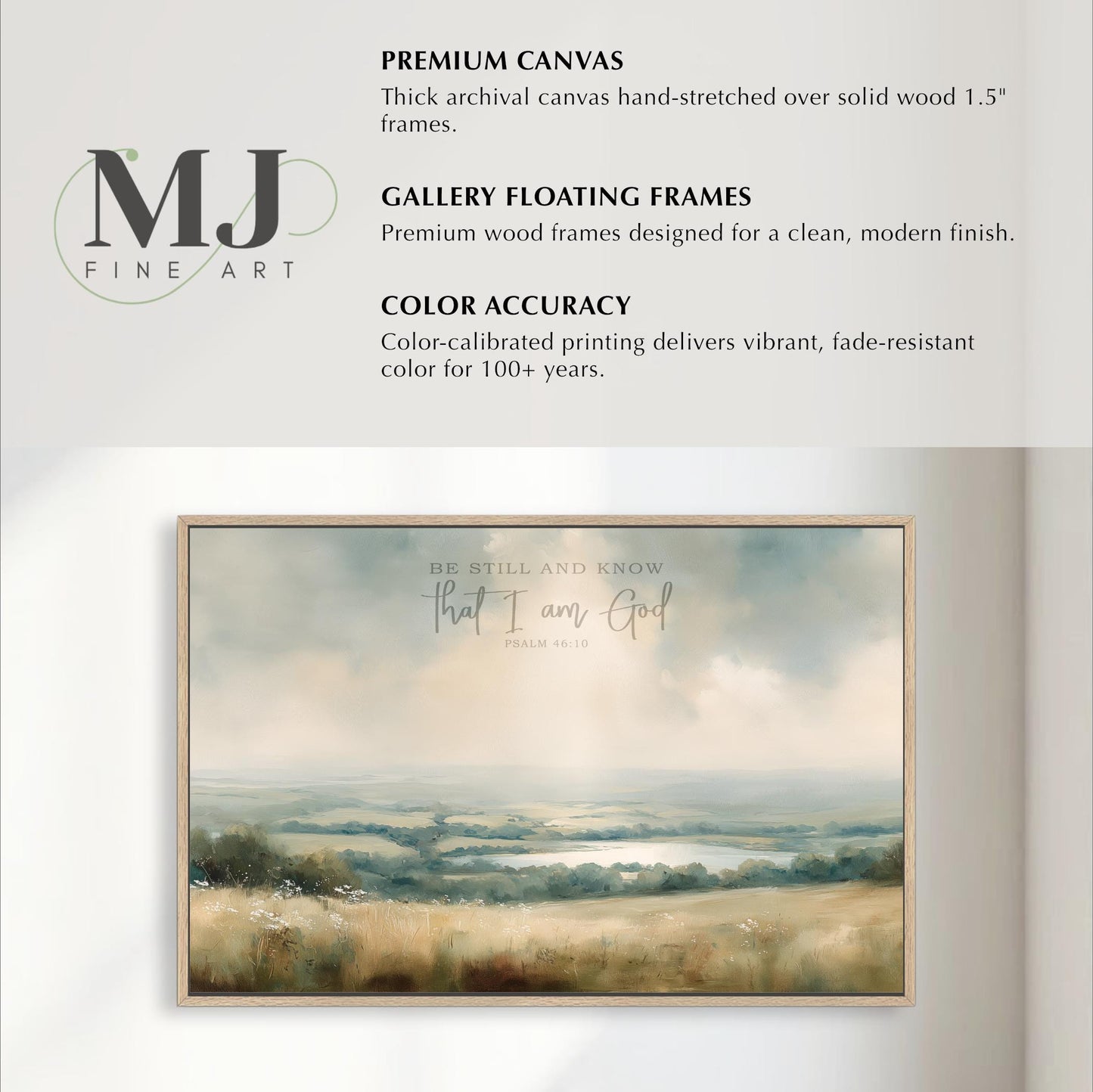 The image is a painting of a landscape with a field and a body of water, framed in a wooden frame.
