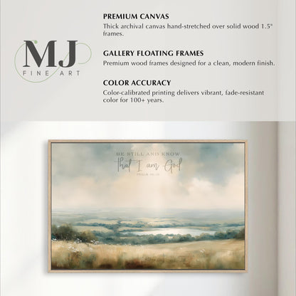 The image is a painting of a landscape with a field and a body of water, framed in a wooden frame.